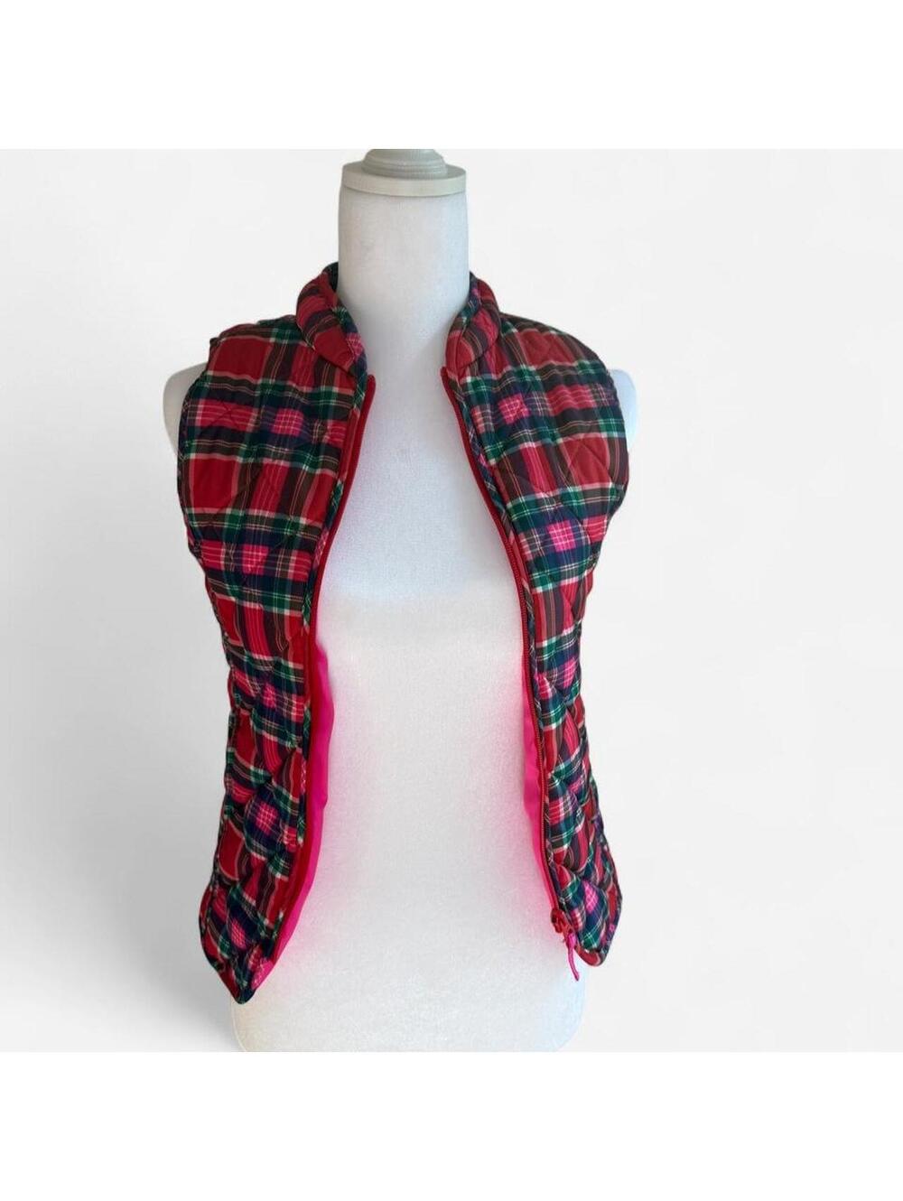 Crown & Ivy Kid's red and green tartan style plaid puffer vest size Large